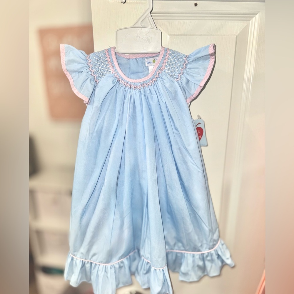 Petit Pomme Blue Smocked Dress with Pink Trim NWT